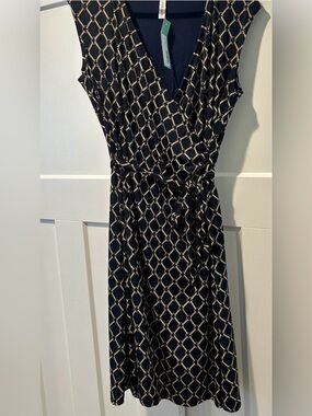 Gilli Brysen Navy Faux Wrap Jersey Dress Size L, Navy & Gold